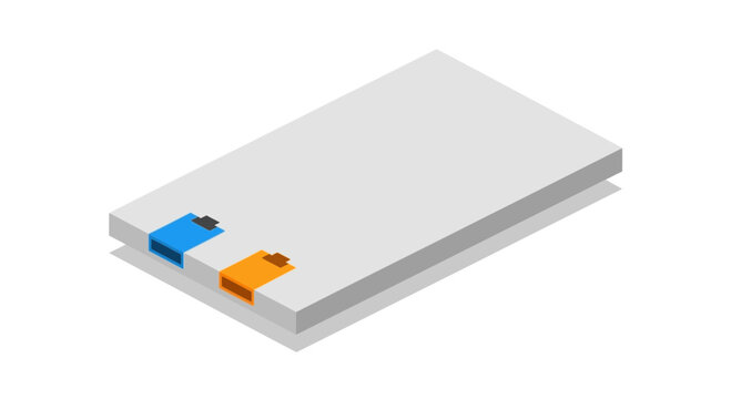 Modern technology server with blue and orange ports showcases data connectivity and network infrastructure, ideal for IT solutions presentations, originally vector