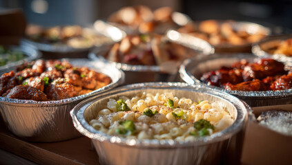 Various prepared dishes sit in foil containers on a wooden surface, showcasing a variety of takeout options and culinary delights in a convenient and appealing way.