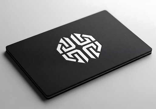 Black business card with a white abstract geometric logo, minimalist and modern design, representing corporate identity and branding