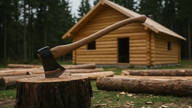 Axe embedded in wooden stump with log house in forest background