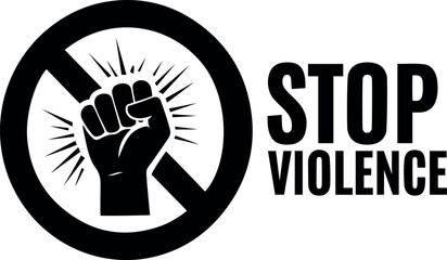 Vector stop violence symbol featuring a fist inside a prohibition sign with rays in a black and white design