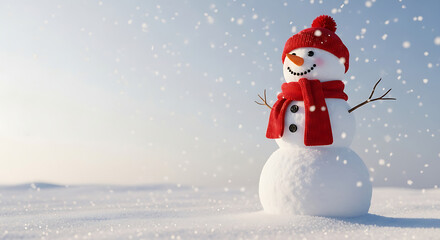 A cheerful snowman wearing a red hat and scarf stands in a vast snowy landscape with falling snow under a bright sky.