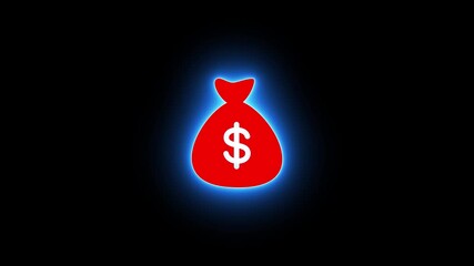 Neon money bag with dollar sign. Bright neon money bag and dollar icon. Icon bag with money, neon style. Neon glowing money bag icon animation in dark background.
