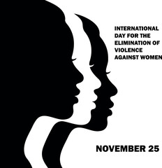 Vector three female silhouettes in black and white with international day for the elimination of violence