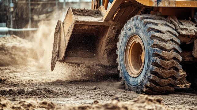 Construction vehicle operating on a dusty site, moving earth and gravel, creating a cloud of dust in the air, showcasing heavy machinery in action