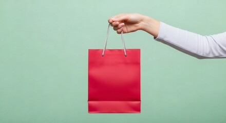 Hand holding a vibrant red shopping bag against a soft green backdrop, symbolizing retail and purchase