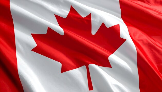 Close-up of a flag with a stylized red maple leaf on a white field, flanked by two vertical red stripes. Ripples show