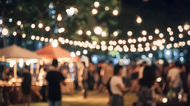 Nighttime outdoor gathering illuminated by string lights and tents - Powered by Adobe
