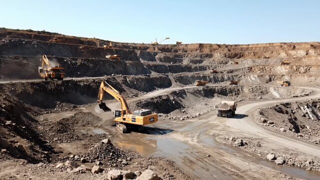 Open-Pit Mining Operation: Heavy Machinery Extracting Earth
