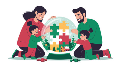 Family Building a Puzzle: A heart-warming illustration of a family building a puzzle together, fostering a sense of unity, love, and support. Symbolic of collaboration, problem-solving.