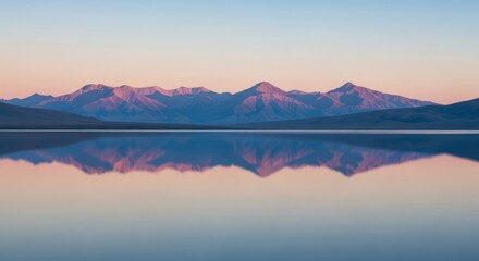 Mountain range reflected in calm lake waters at sunrise