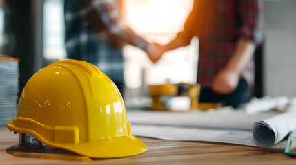 Construction partnership agreement handshake with hard hat and blueprints