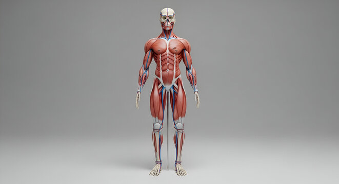 Human Muscular System Anatomical Model Displayed Against Grey Background
