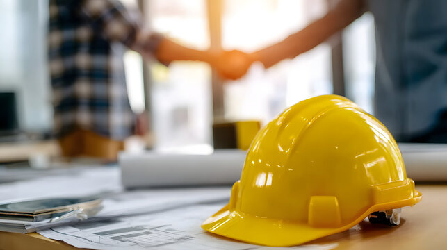 Construction team shaking hands over blueprints and hard hat