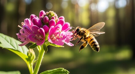 A bee collecting nectar from a vibrant pink flower in a sunlit garden.