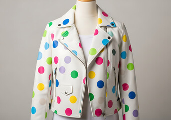 White leather biker jacket adorned with colorful polka dots, a stylish and playful fashion statement for women, isolated on white background