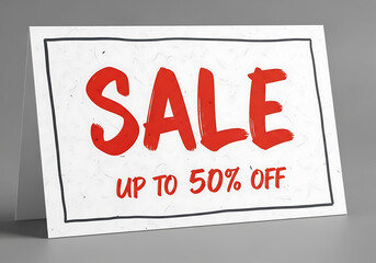 Handdrawn sign announcing a sale with the text sale up to 50% off in bold red lettering on a textured white background, isolated on white background