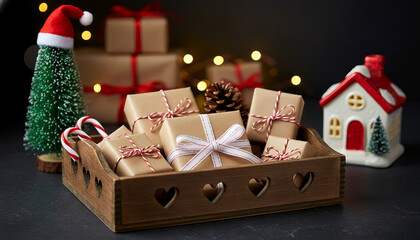 Rustic Christmas Gift Basket with Kraft Wrapped Presents and Holiday Decor