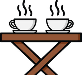 Cute Cartoon Vector Illustration of Two Steaming Hot Coffee or Tea Cups and Saucers Served on a Small Wooden X-Frame Side Table for Break Time