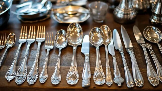 Elegant silverware set, forks, spoons, and knives on a wooden table, vintage style.