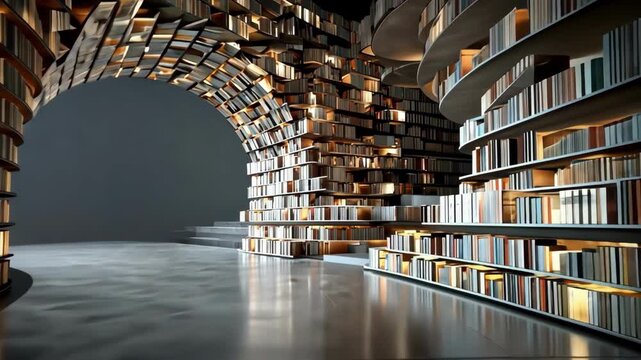 Stunning library interior with archways and shelves full of books, warm lighting.
