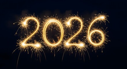 Sparkling golden numbers forming the year 2026 against a dark background, celebrating the future.