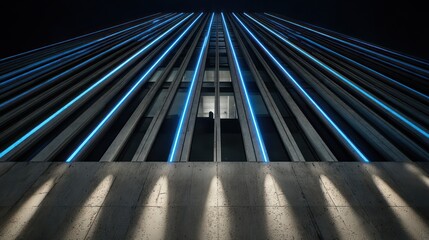 Bold architectural facade with vertical brushed metal slats and integrated cool blue LED strips shot at night with