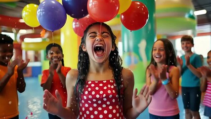 Excited girl celebrates with balloons and confetti at a fun birthday party.