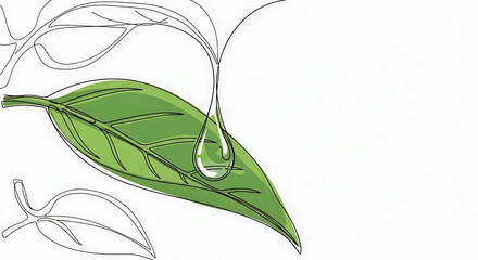 A single green leaf with a water droplet falling onto it, with sketched branches in the background, isolated on white background