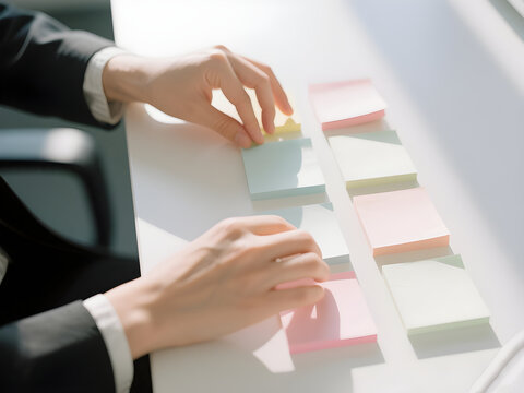 Businessperson Organizing Colorful Sticky Notes on Desk in Bright Office Light
