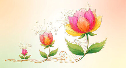 A delicate watercolor illustration depicting the growth of three pink and orange flowers, from a small bud to a fully bloomed blossom, symbolizing life and development