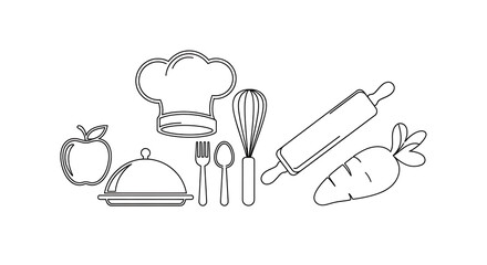 Collection of kitchen utensils and ingredients, including a chefs hat, apple, carrot, rolling pin, whisk, and serving dish, isolated on white background