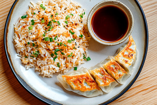 Plate featuring Japanese chicken fried rice topped with scallions and sesame seeds, served with pan-fried gyoza dumplings and soy sauce