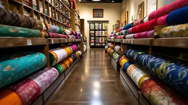 Vibrant rolls of fabric line shelves in a well-lit textile shop aisle.