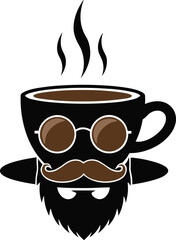 Fun Vector Icon of a Steaming Hot Coffee Cup Character's Head with Round Sunglasses, a Large Handle, and a Stylized Hipster Beard and Moustache