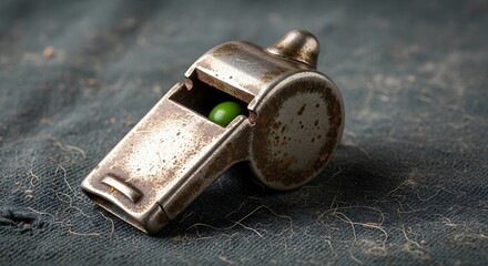 Close up of a vintage metal whistle with a green pea inside on a dark textured background.