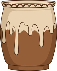 Hand-Drawn Style Vector Illustration of a Rustic Ceramic Pottery Jar or Pot with Two-Tone Brown Glaze Featuring a Dripping Paint Effect and Decorative Border
