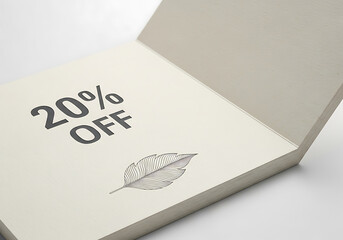 Closeup of an open notebook or pad with the text 20% off stamped on the page, accompanied by a decorative leaf imprint