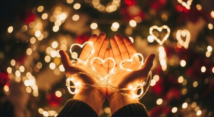Hands Holding Heart-Shaped Lights, Romantic Bokeh Christmas Holiday Background