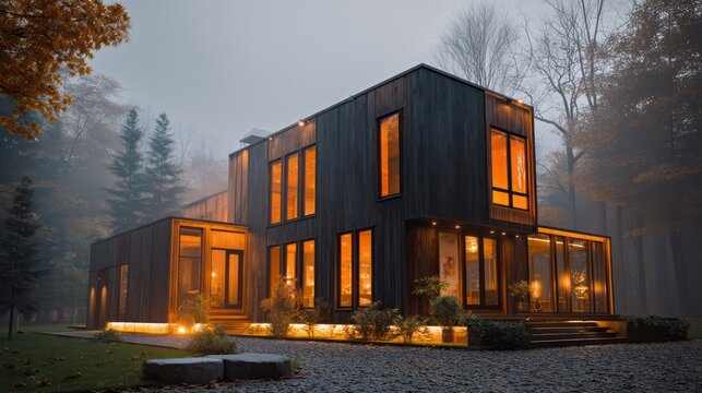 Boxy house with dark timber siding and warm bronze-framed windows rim-lit at dusk with soft haze in background