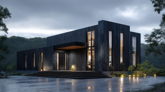 Box-shaped house in dark fiber cement panels with vertical clerestory windows top-down ambient light from cloudy sky rich