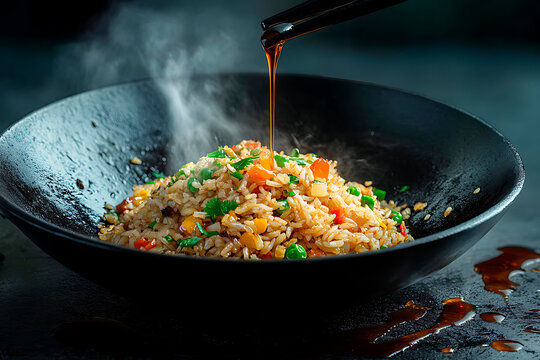 Steaming Arroz Chaufa, Peruvian fried rice with vegetables, receiving a final drizzle of soy sauce from chopsticks