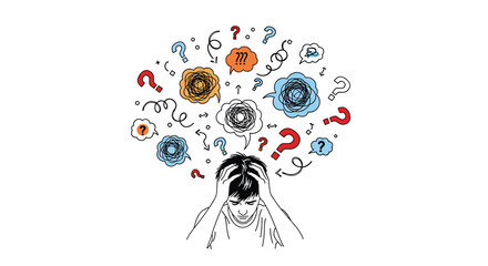 A person is depicted in distress, holding their head as a visual metaphor for overwhelming thoughts and unanswered questions.