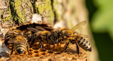 Close-up of Honeybees on a Honeycomb near a Tree Trunk.