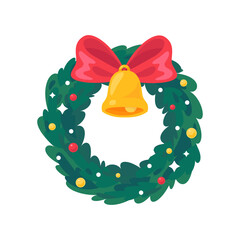 Holiday Wreath with Red Bow and Golden Bell Illustration