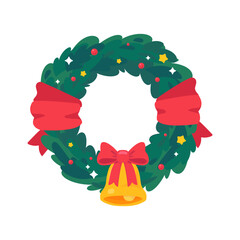Festive Christmas Wreath with Red Ribbons, Berries, Stars, and Golden Bell