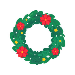 Festive Christmas Wreath with Poinsettia Flowers and Stars