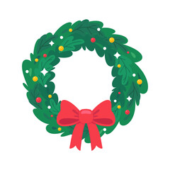 Festive Christmas Wreath with Red Bow and Colorful Ornaments