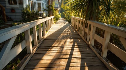 Bridge walkway from riverside home to floating dock late daylight casting sharp shadows railing motion blur in surrounding