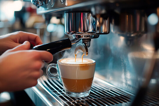 Professional barista pouring espresso into a glass cup with layered milk foam, creating a delicious hot coffee beverage
